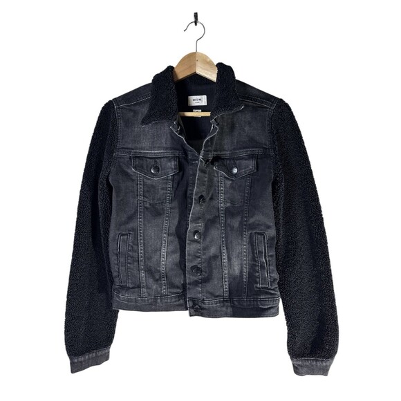 Miss Me Black Denim Jean Trucker Jacket Womens Sherpa Sleeves Size Small - Picture 1 of 11